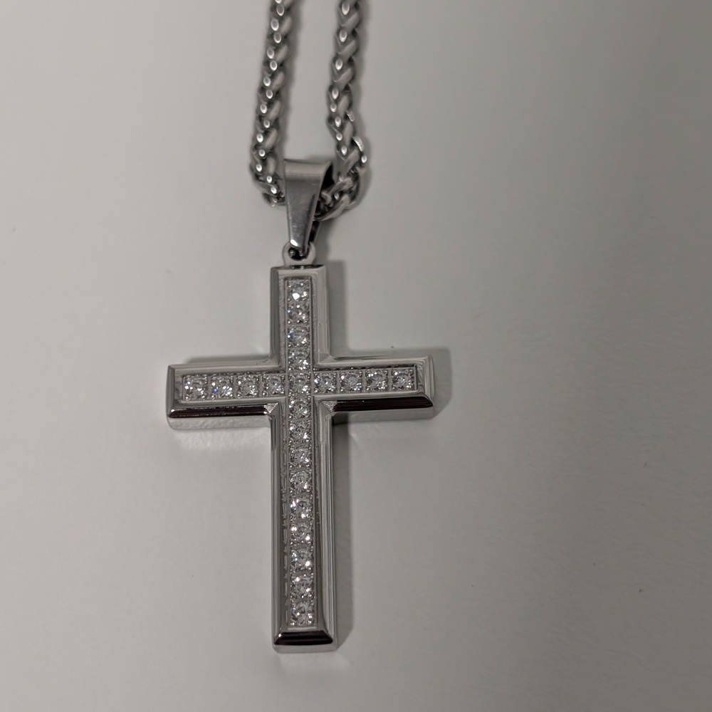 Silver Cross Pendant Necklace with Cubic Stones